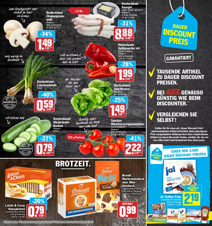 Aktueller Prospekt Aez - Prospekte - von 09.05 bis 14.05.2022 - strona 3 - produkty: aktionspreis, auer, brandt, brot, champignon, champignons, discount, eis, elle, fleisch, gurke, gurken, kaffee, Lauchzwiebel, lauchzwiebeln, lindt, mac, Markenzwieback, nuss, paprika, paprika rot, reis, rel, Ria, rispentomaten, salat, salatherzen, schoko, schokolade, snack, spargel, Spitzpaprika, teller, Ti, tomate, tomaten, vita, Vitamin C, zwiebel, zwiebeln