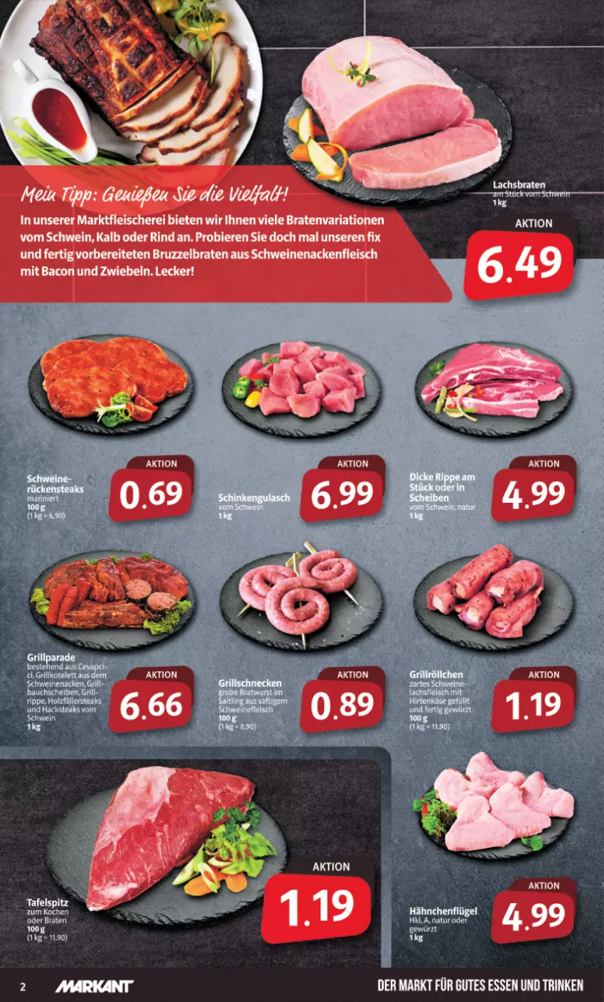 Aktueller Prospekt Markant - Prospekte - von 02.04 bis 06.04.2024 - strona 2 - produkty: bacon, bier, Biere, braten, eis, fleisch, Fleischerei, gutes essen, Ria, rind, Schere, schwein, schweine, schweinenacken, Ti, wein, weine, zwiebel, zwiebeln