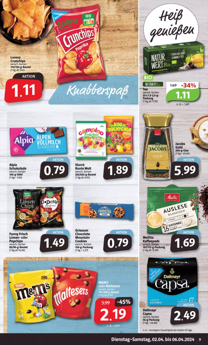 Aktueller Prospekt Markant - Prospekte - von 02.04 bis 06.04.2024 - strona 9 - produkty: alpia, beutel, chips, cola, cookie, cookies, crunchips, dallmayr, eis, Funny Frisch, griesson, linsen, lorenz, lorenz crunchips, reis, schoko, schokolade, storck, tee, ZTE