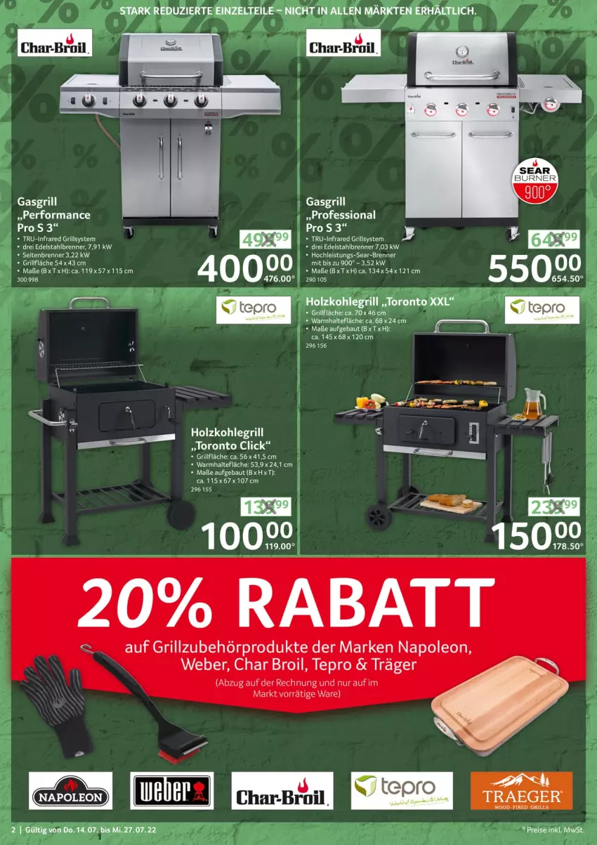 Aktueller Prospekt Selgros - Reduziert - von 14.07 bis 27.07.2022 - strona 2 - produkty: Bau, edelstahl, eis, grill, grillfläche, Grillzubehör, Holz, holzkohle, holzkohlegrill, Kohlegrill, tepro, Ti, weber, Zelt