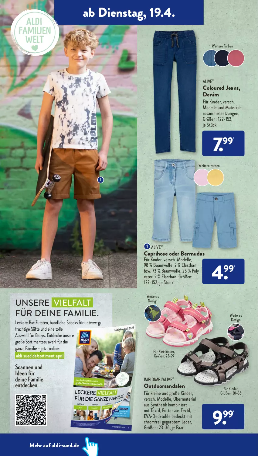 Aktueller Prospekt AldiSud - ALDI Aktuell - von 19.04 bis 23.04.2022 - strona 10 - produkty: aldi, Bau, baumwolle, bermuda, bermudas, bio, Cap, caprihose, decke, decksohle, dell, elle, frucht, hose, jeans, Kinder, leine, Mode, pril, Ria, rwe, säfte, sandale, sandalen, snack, snacks, Ti, wolle