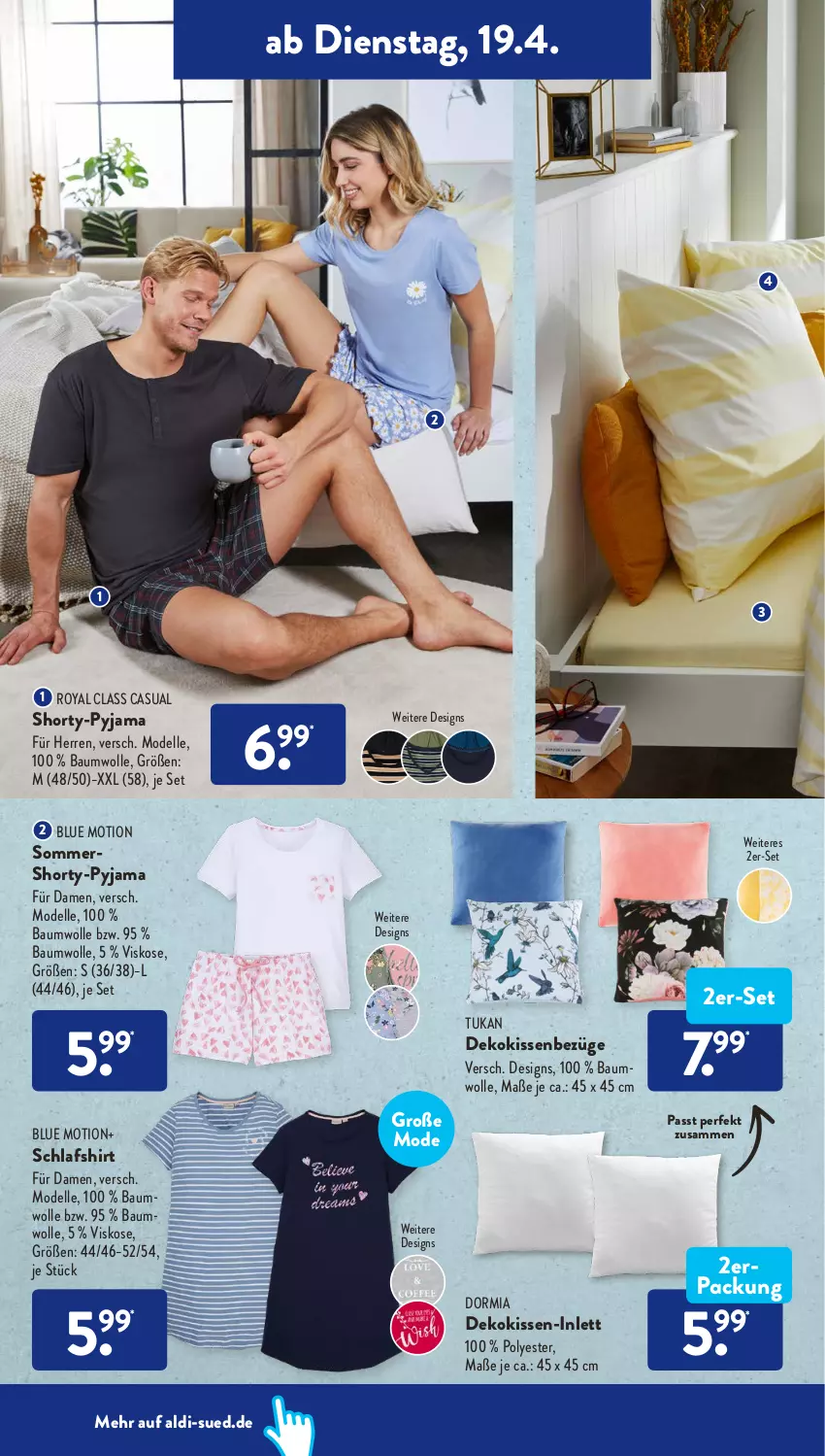 Aktueller Prospekt AldiSud - ALDI Aktuell - von 19.04 bis 23.04.2022 - strona 14 - produkty: aldi, Bau, baumwolle, dekokissen, dell, dormia, elle, kissen, Mode, Pyjama, shirt, shorty, shorty-pyjama, Ti, wolle