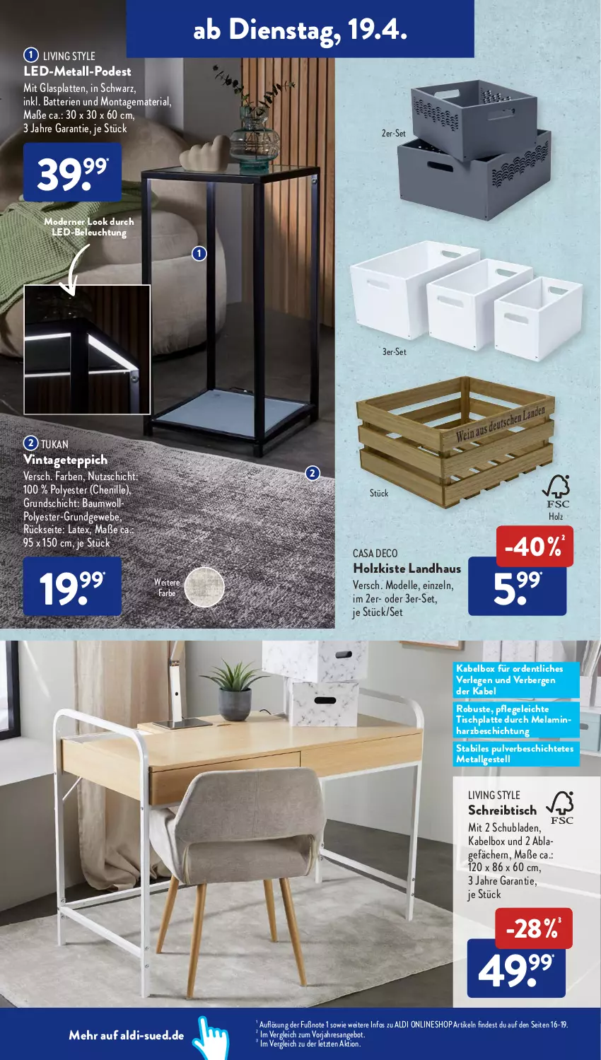 Aktueller Prospekt AldiSud - ALDI Aktuell - von 19.04 bis 23.04.2022 - strona 16 - produkty: aldi, angebot, batterie, batterien, Bau, beleuchtung, casa deco, dell, elle, glasplatte, Holz, HP, latte, led-beleuchtung, LG, Mode, resa, Ria, schreibtisch, schubladen, teppich, Ti, tisch, tischplatte, ZTE