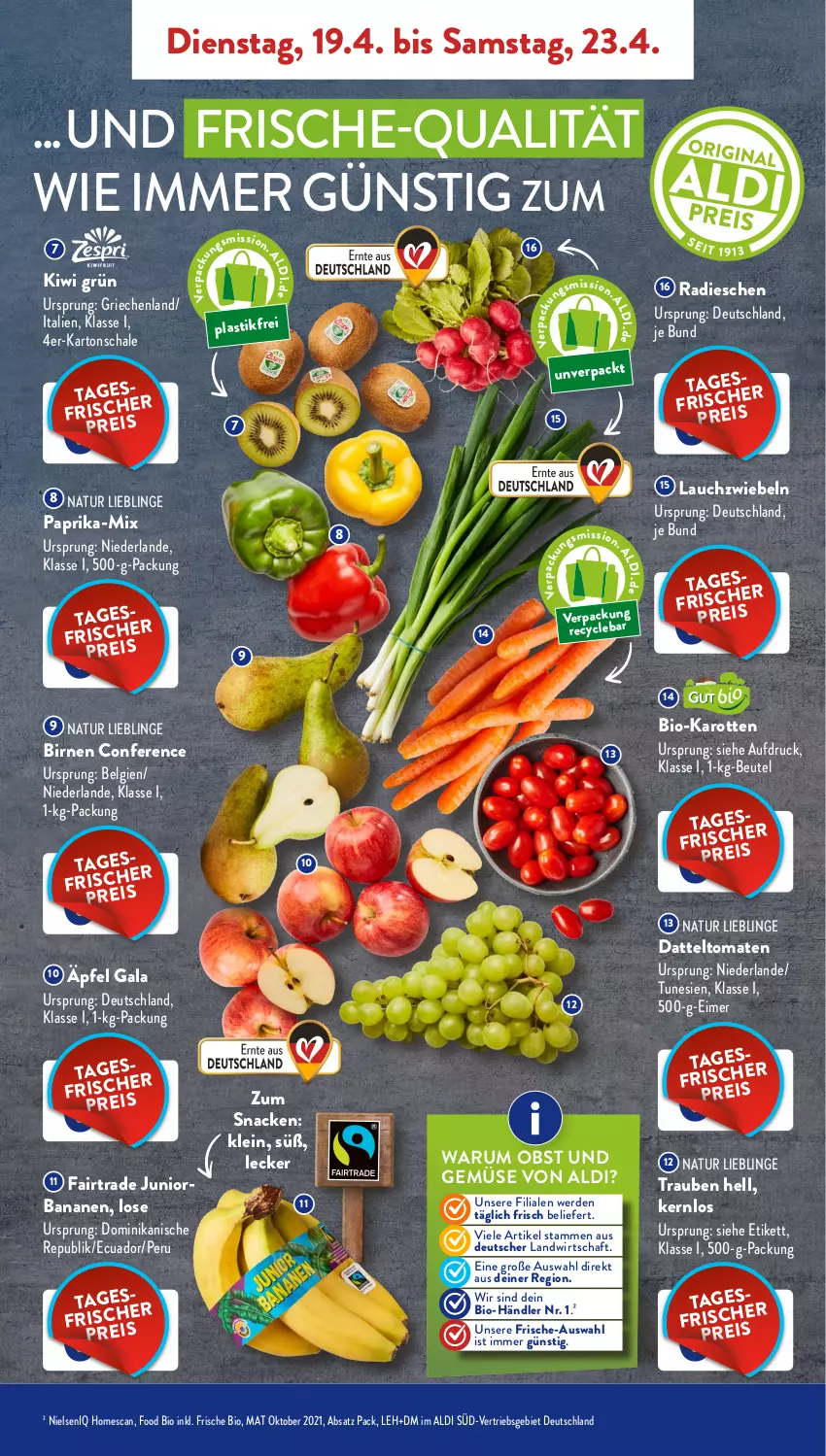 Aktueller Prospekt AldiSud - ALDI Aktuell - von 19.04 bis 23.04.2022 - strona 3 - produkty: aldi, asti, banane, bananen, beutel, bio, bio-karotten, Birnen, datteltomaten, eimer, erde, karotten, kiwi, Lauchzwiebel, lauchzwiebeln, LG, natur, obst, Obst und Gemüse, paprika, radieschen, rum, Schal, Schale, snack, Ti, tomate, tomaten, trauben, und gemüse, zwiebel, zwiebeln