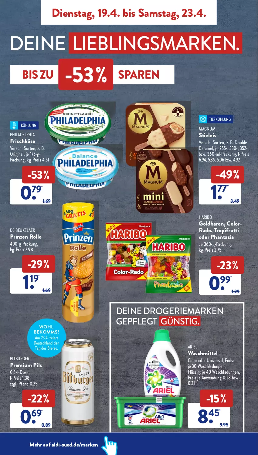 Aktueller Prospekt AldiSud - ALDI Aktuell - von 19.04 bis 23.04.2022 - strona 6 - produkty: aldi, ariel, ariel waschmittel, beko, bier, Biere, bitburger, burger, caramel, de beukelaer, eier, eis, frischkäse, gin, goldbären, haribo, Käse, magnum, philadelphia, pils, Pods, premium pils, prinzen rolle, reis, stieleis, Ti, waschmittel