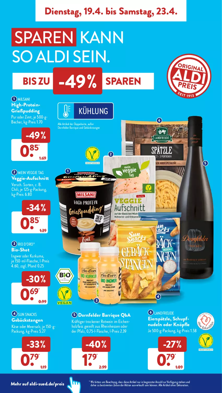 Aktueller Prospekt AldiSud - ALDI Aktuell - von 19.04 bis 23.04.2022 - strona 7 - produkty: aldi, alle artikel ohne dekoration, aufschnitt, Becher, bio, chili, dekoration, dornfelder, eier, eierspätzle, eis, flasche, Grießpudding, Holz, ingwer, Käse, meersalz, nudel, nudeln, pudding, reis, rotwein, salz, snack, snacks, Sun Snacks, Ti, veggie, wein, ZTE