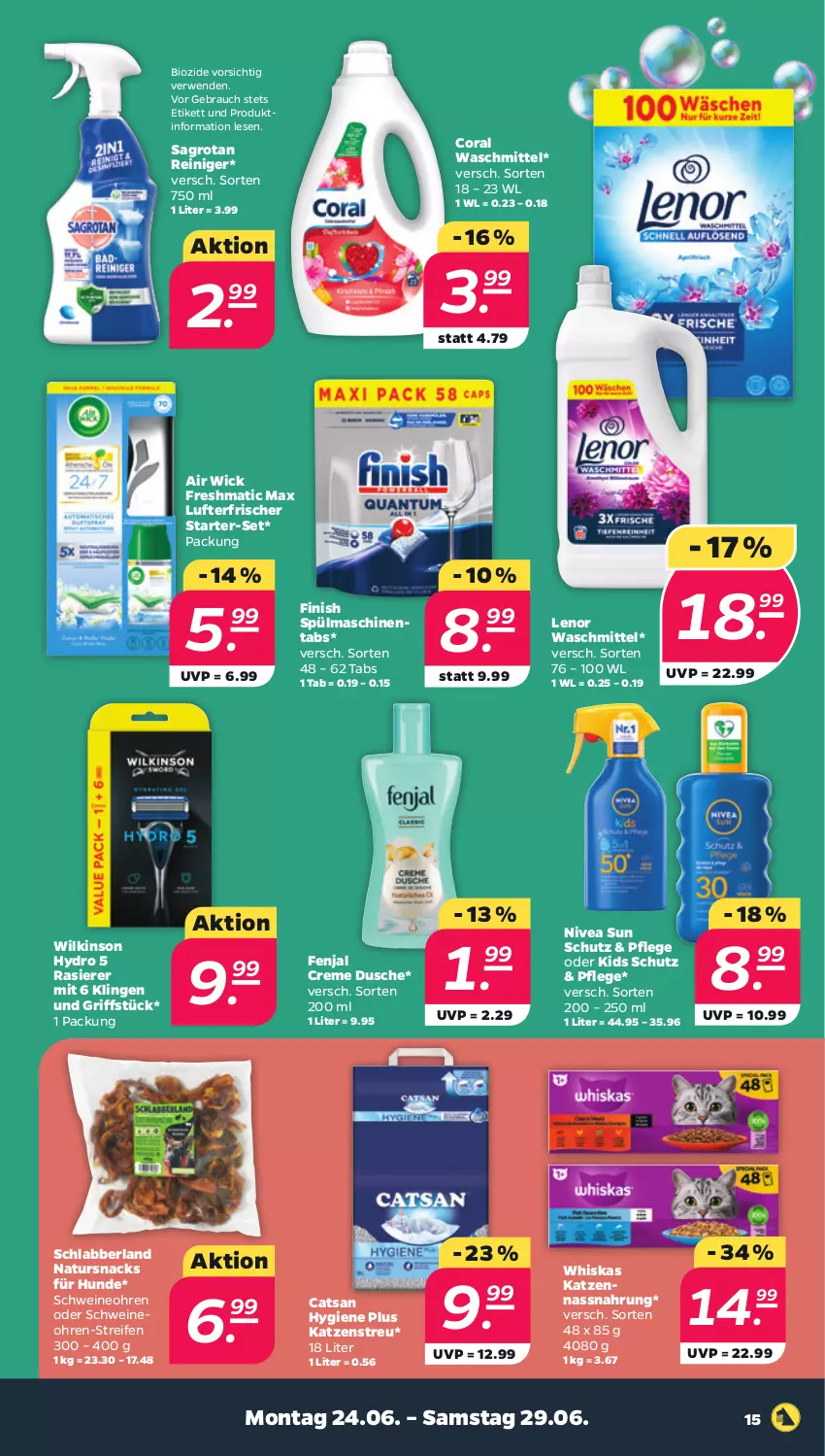 Aktueller Prospekt Netto - Woche 26 - von 24.06 bis 29.06.2024 - strona 15 - produkty: Air Wick, bio, catsan, Coral, creme, dusche, Finish, Katzenstreu, lenor, lenor waschmittel, lufterfrischer, Nassnahrung, natur, nivea, nivea sun, rasierer, Rauch, reifen, reiniger, rwe, sagrotan, schwein, schweine, snack, snacks, spülmaschinen, spülmaschinentabs, Ti, waschmittel, wein, weine, whiskas, WICK, wilkinson