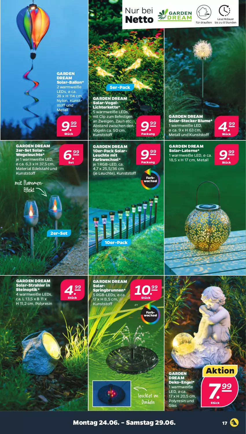 Aktueller Prospekt Netto - Woche 26 - von 24.06 bis 29.06.2024 - strona 17 - produkty: auer, ball, blume, brunnen, edelstahl, Engel, Kette, lamm, laterne, leds, Leuchte, lichterkette, Ria, ring, rwe, solarleuchte, Ti