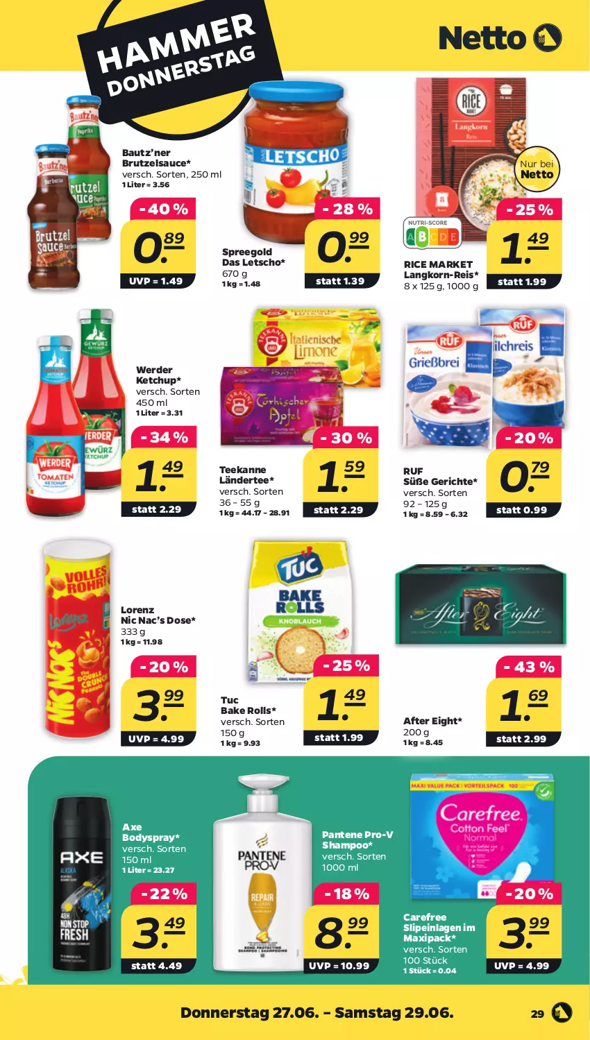 Aktueller Prospekt Netto - Woche 26 - von 24.06 bis 29.06.2024 - strona 29 - produkty: after eight, axe, Bau, body, bodyspray, brut, carefree, eis, erde, ketchup, korn, Ländertee, Letscho, lorenz, pantene, pantene pro-v, pro-v, reis, sauce, shampoo, slip, slipeinlagen, tee, teekanne, tuc