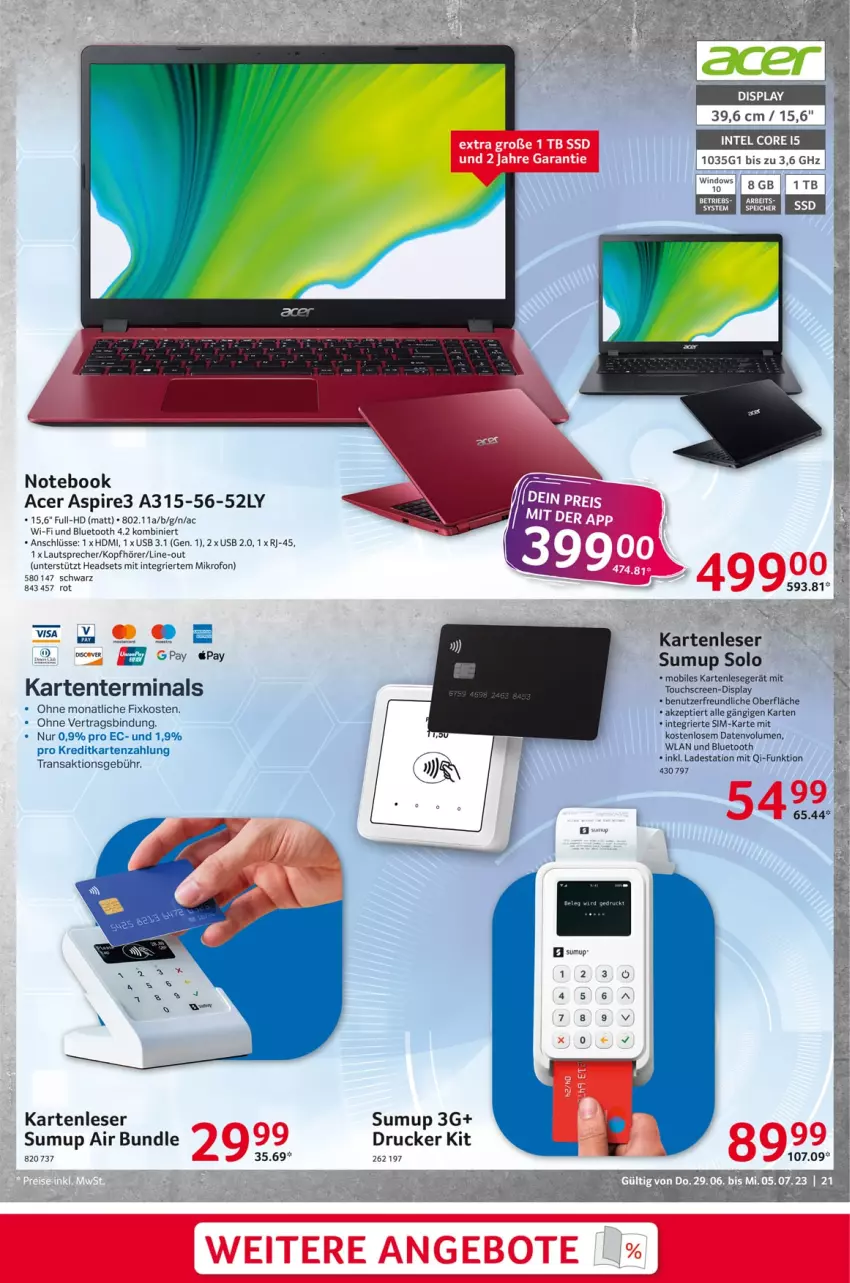 Aktueller Prospekt Selgros - Nonfood - von 29.06 bis 05.07.2023 - strona 21 - produkty: acer, drucker, eis, HDMI, Headset, Intel, kopfhörer, lautsprecher, notebook, reis, sim, Telcor, Ti, touchscreen, usb