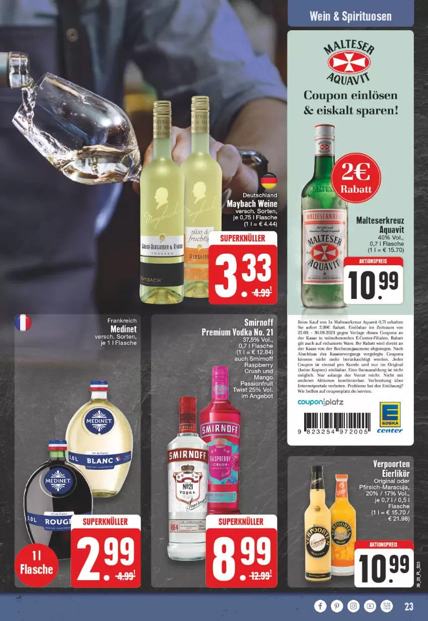 Aktueller Prospekt E Center - Angebote der Woche - von 18.09 bis 23.09.2023 - strona 23 - produkty: aktionspreis, angebot, aqua, aquavit, Brei, coupon, coupons, eis, erde, flasche, gin, LG, malteser, mango, maracuja, maybach, medinet, pfirsich, raspberry, reis, smirnoff, spirituosen, Ti, wein, weine