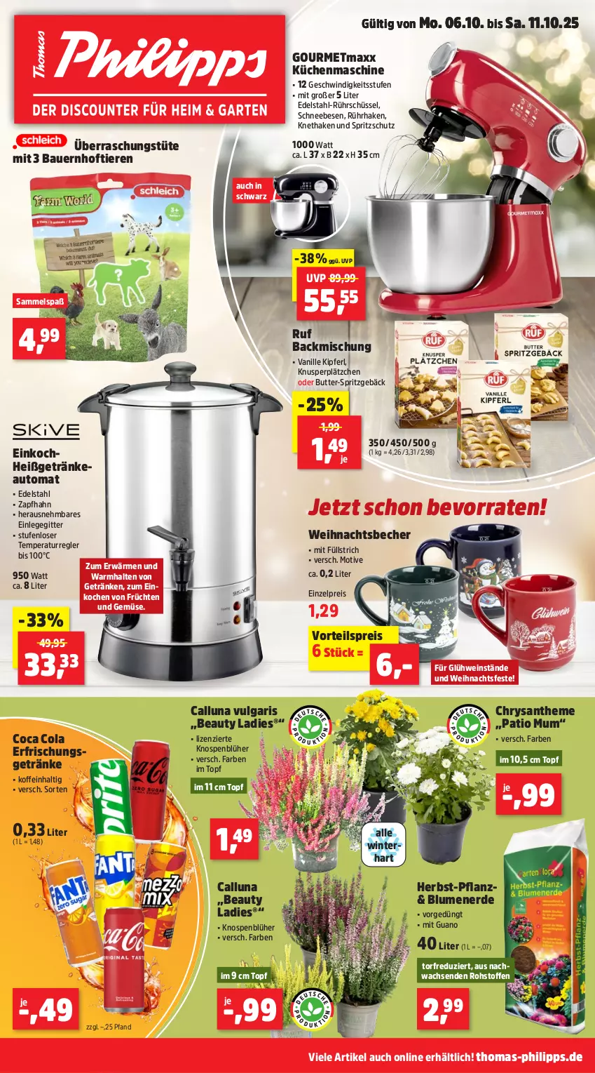 Aktueller Prospekt Thomas Philipps - von 06.10 bis 11.10.2025 - strona 1 - produkty: auer, auto, backmischung, Bau, Bauer, Becher, blume, blumen, blumenerde, butter, cola, edelstahl, eis, erde, erfrischungsgetränk, erfrischungsgetränke, früchte, früchten, getränk, getränke, Glühwein, gourmetmaxx, küche, Küchen, küchenmaschine, Lätzche, LG, reis, Rührschüssel, Schneebesen, schüssel, Spritzgebäck, Spritzschutz, Ti, Tiere, topf, Tüte, und gemüse, vanille, vorteilspreis, wein