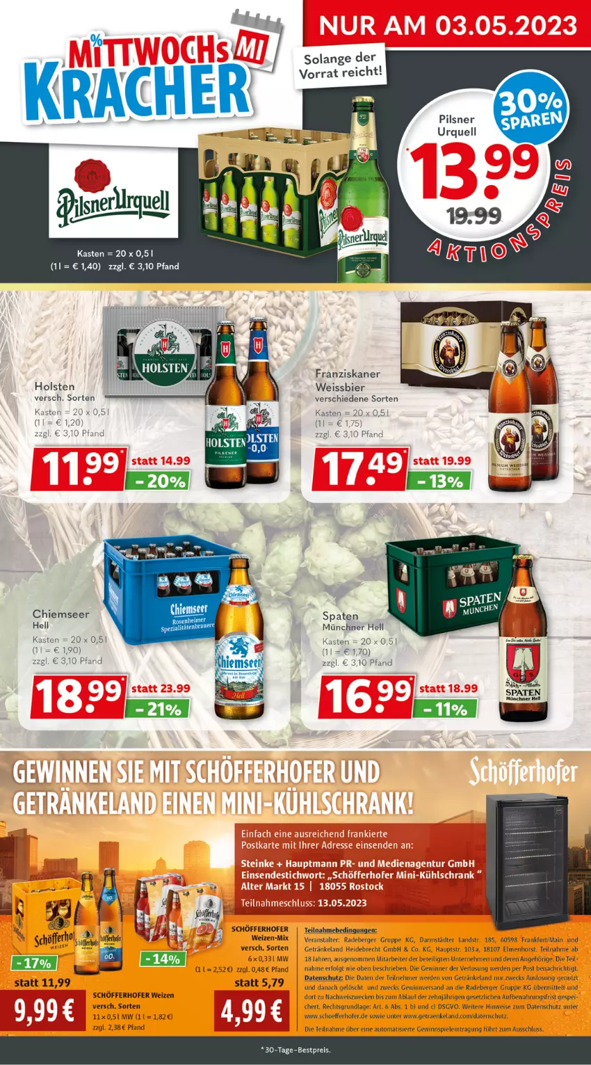 Aktueller Prospekt Getraenkeland - von 02.05 bis 13.05.2023 - strona 2 - produkty: auer, auto, Berger, bestpreis, bier, eis, Elan, erde, franziskaner, getränk, getränke, gewinnspiel, holsten, LG, radeberger, reis, schöfferhofer, Spaten, Spezi, Spiele, tee, Ti, weck, weissbier