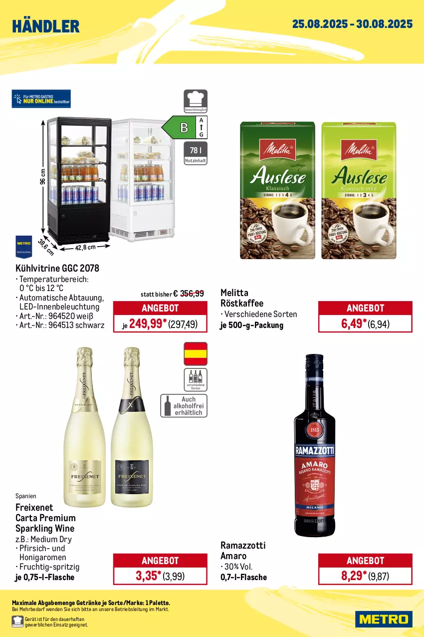 Aktueller Prospekt Metro - Wochen-Angebote Händler - von 25.08 bis 30.08.2025 - strona 2 - produkty: amaro, angebot, auer, auto, beleuchtung, bio, coca-cola, cola, eis, flasche, freixenet, frucht, getränk, getränke, honig, kaffee, LG, melitta, Metro, natur, natura, Palette, pfirsich, rama, ramazzott, ramazzotti, reis, röstkaffee, tee, Ti, tisch, vita, vitrine, volvic, zott