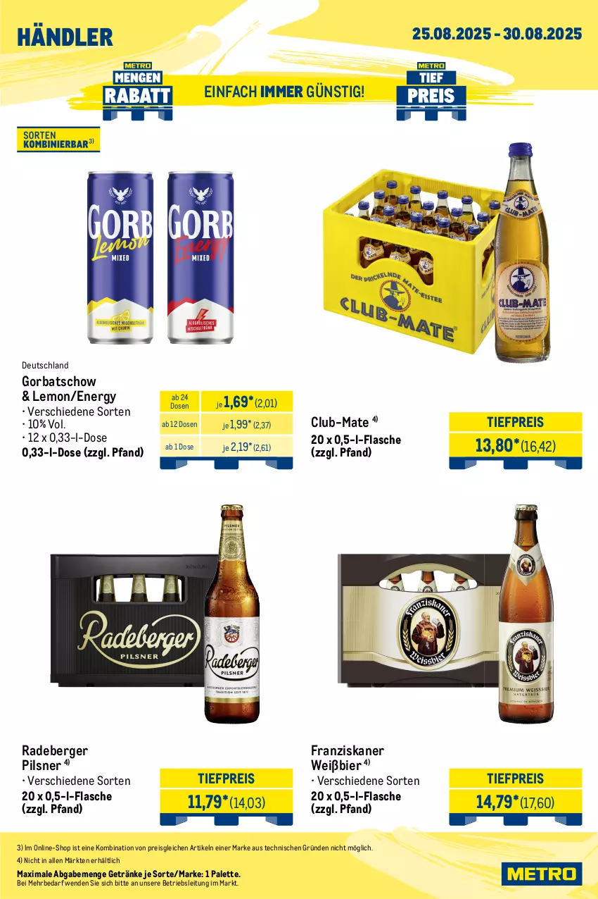 Aktueller Prospekt Metro - Wochen-Angebote Händler - von 25.08 bis 30.08.2025 - strona 5 - produkty: angebot, Berger, bier, drink, eis, energy drink, flasche, franziskaner, getränk, getränke, Gorbatschow, Palette, pils, pilsner, radeberger, radeberger pilsner, red bull, reis, Ti, tiefpreis