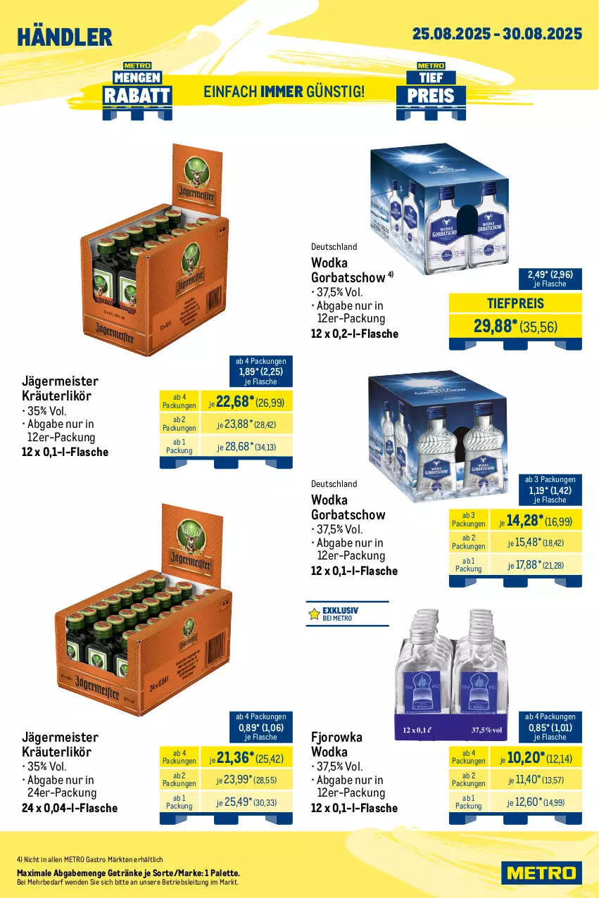 Aktueller Prospekt Metro - Wochen-Angebote Händler - von 25.08 bis 30.08.2025 - strona 6 - produkty: eis, flasche, Germ, getränk, getränke, Gorbatschow, jägermeister, kräuter, kräuterlikör, likör, Meister, Metro, metro gastro, Palette, reis, Ti, tiefpreis, wodka