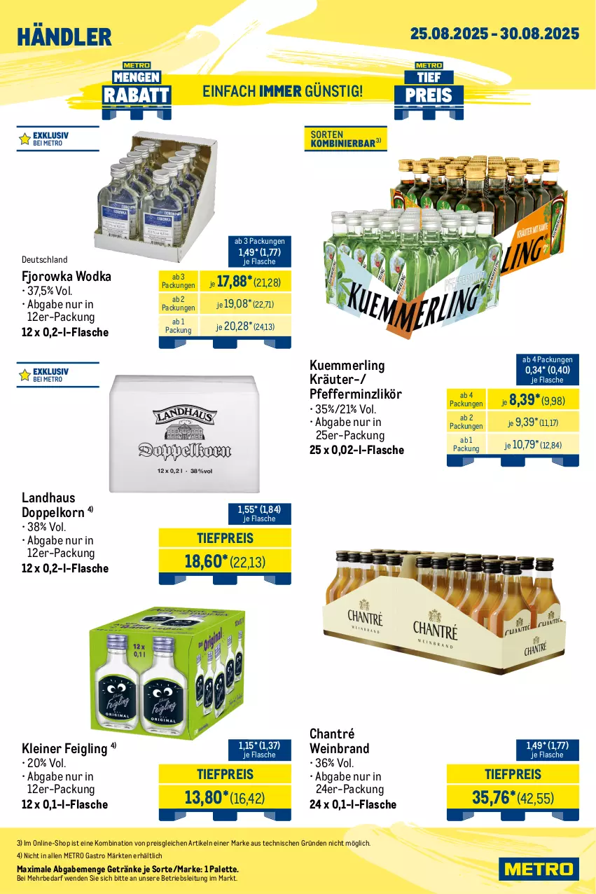 Aktueller Prospekt Metro - Wochen-Angebote Händler - von 25.08 bis 30.08.2025 - strona 7 - produkty: chantré, doppelkorn, eis, flasche, getränk, getränke, kleiner feigling, korn, kräuter, kuemmerling, leine, likör, merl, Metro, metro gastro, Palette, pfeffer, pfefferminzlikör, reis, Ti, tiefpreis, wein, weinbrand, wodka