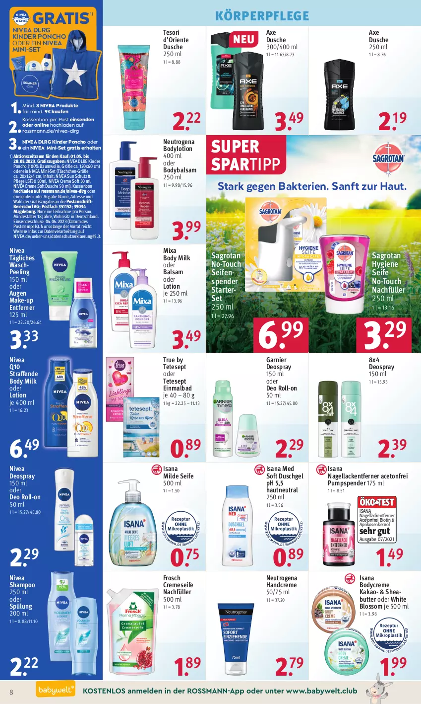 Aktueller Prospekt Rossmann - Prospekte - von 22.05 bis 26.05.2023 - strona 10 - produkty: aceto, aprikose, aprikosen, axe, Bad, balsam, Bau, baumwolle, bio, body, body milk, bodylotion, butter, creme, cremeseife, deo, deo roll-on, deospray, deospray 150 ml, dusche, duschgel, eier, ente, Frosch, garnier, handcreme, HP, isana, kakao, Kinder, körperpflege, lack, Lacke, Lotion, Make-up, Mixa, Nagellack, Nagellackentferner, neutrogena, nivea, nivea sun, oder deo roll-on, Peeling, Q10, roll-on, sagrotan, sana, Seife, seifenspender, shampoo, shampoo 250 ml, Sheabutter, spartipp, spülung, spülung 200 ml, Ti, wolle