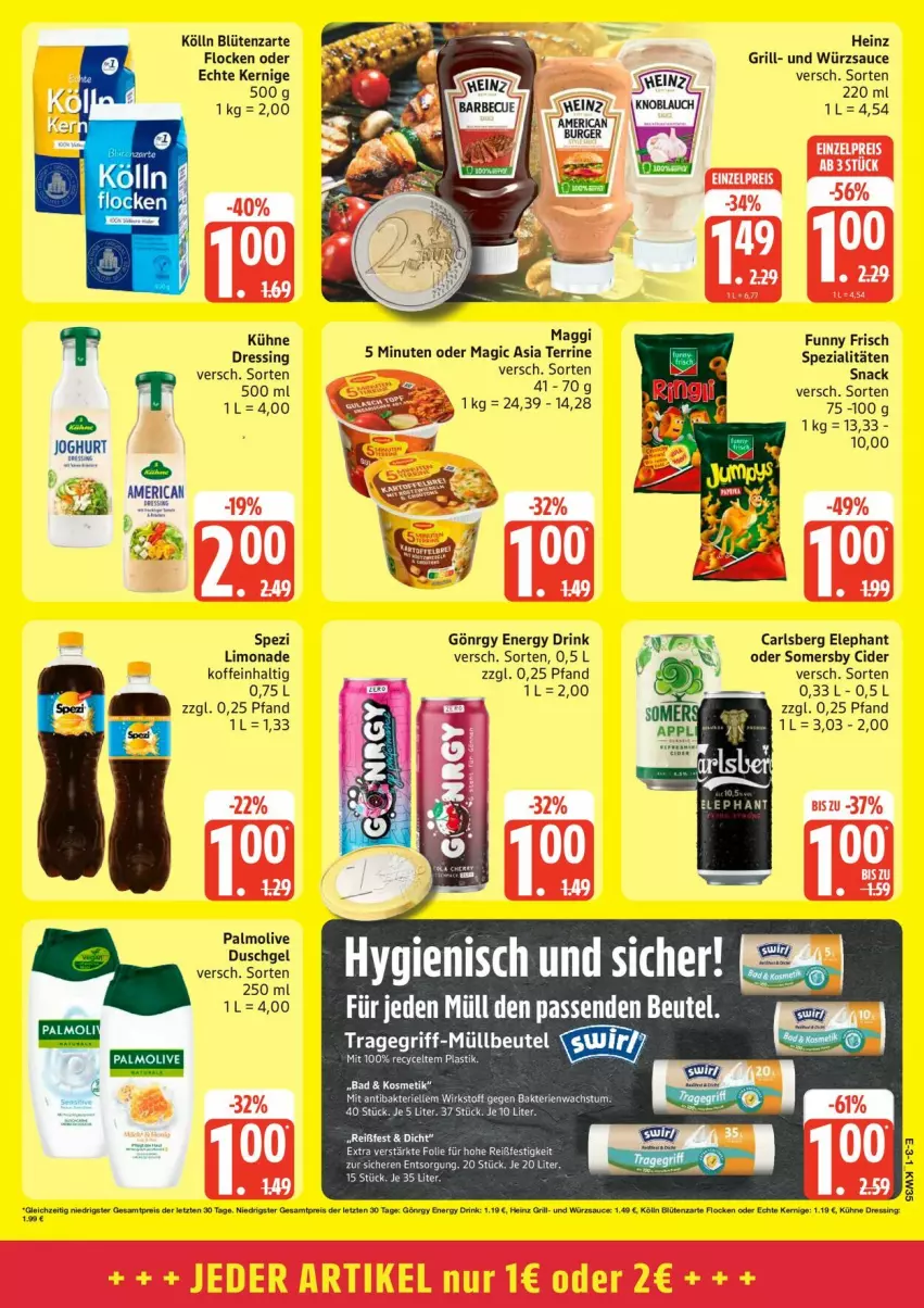 Aktueller Prospekt Edeka - Prospekte - von 24.08 bis 29.08.2026 - strona 3 - produkty: beutel, Blüte, carlsberg, cider, dressing, drink, duschgel, elle, energy drink, Funny Frisch, grill, heinz, kölln, Kühne, limo, limonade, maggi, müllbeutel, olive, palmolive, sauce, snack, somersby, Spezi, tee, terrine, Ti, tragegriff, würzsauce, ZTE
