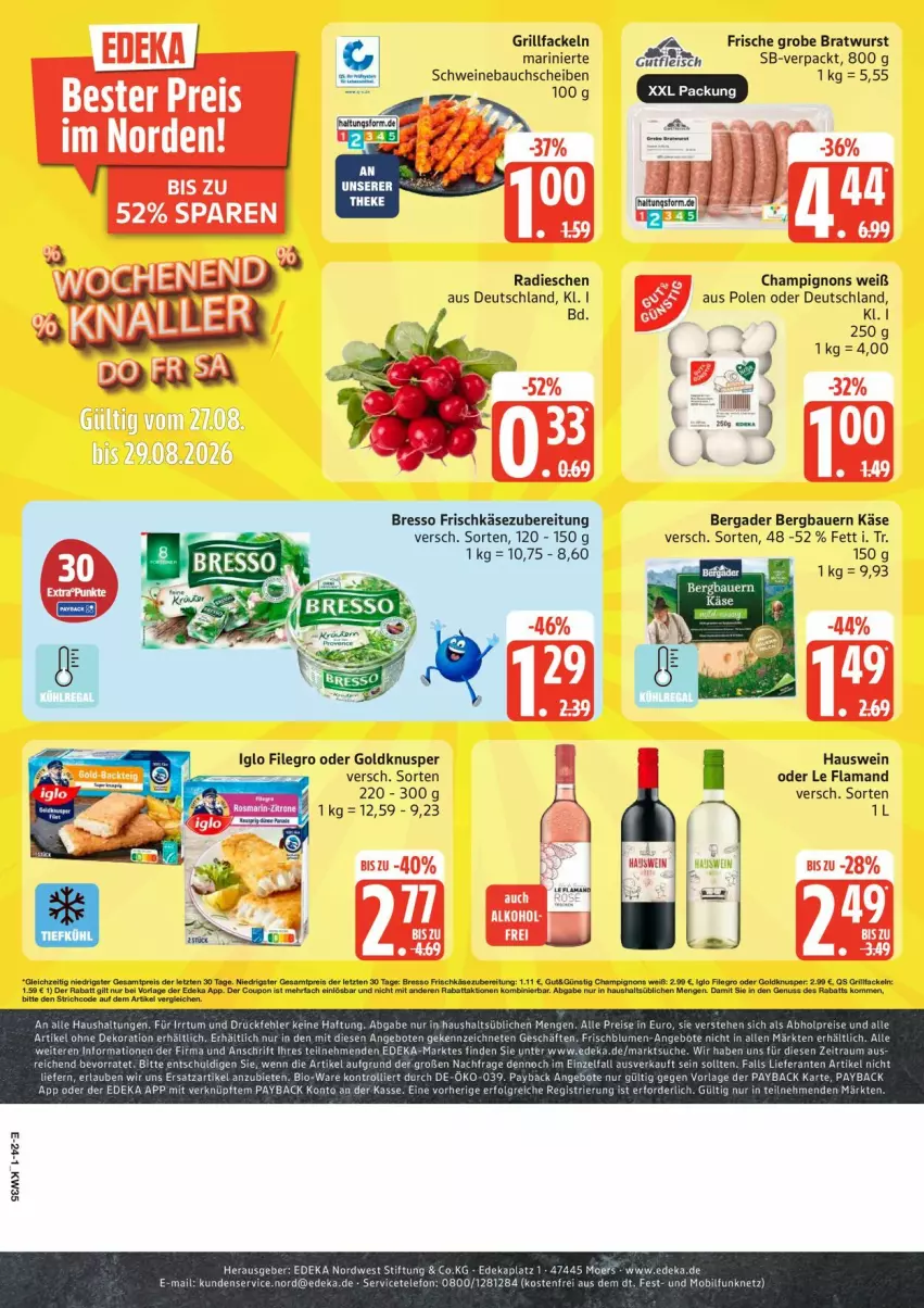 Aktueller Prospekt Edeka - Prospekte - von 24.08 bis 29.08.2026 - strona 31 - produkty: alle artikel ohne dekoration, angebot, angebote, auer, Bau, bauchscheiben, Bauer, bergader, bio, bratwurst, bresso, champignon, champignons, deka, dekoration, eis, fleisch, frischkäse, frischkäsezubereitung, grill, grillfackeln, grobe bratwurst, gutfleisch, iglo, Käse, payback, radieschen, schwein, schweine, Schweinebauch, schweinebauchscheiben, telefon, Ti, trolli, wein, weine, wurst