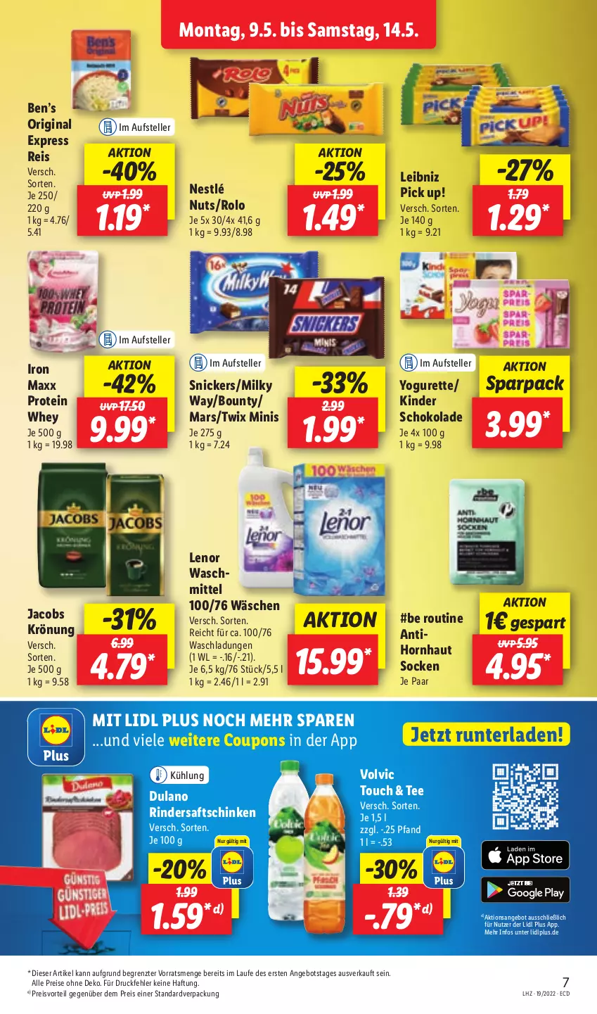 Aktueller Prospekt Lidl - Aktionsprospekt - von 09.05 bis 14.05.2022 - strona 11 - produkty: angebot, Ben’s Original, bounty, coupon, coupons, dulano, eis, elle, gin, jacobs, jacobs krönung, Kinder, kinder schokolade, leibniz, lenor, lenor waschmittel, mars, milky way, nestlé, Pick Up!, preisvorteil, reis, rind, rinder, saft, saftschinken, schinken, schoko, schokolade, snickers, socken, tee, teller, Ti, twix, volvic, waschmittel, Yo, yogurette, ZTE