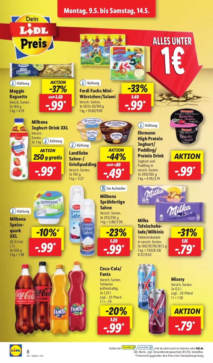 Aktueller Prospekt Lidl - Aktionsprospekt - von 09.05 bis 14.05.2022 - strona 12 - produkty: baguette, Bona, cola, drink, ehrmann, eis, elle, fanta, ferdi fuchs, Grießpudding, joghur, joghurt, landliebe, meggle, Milbona, milka, Mixer, mixery, ndk, preisvorteil, pudding, quark, reis, sahne, salami, Schal, Schale, schoko, schokolade, tafelschokolade, teller, Ti, würstchen