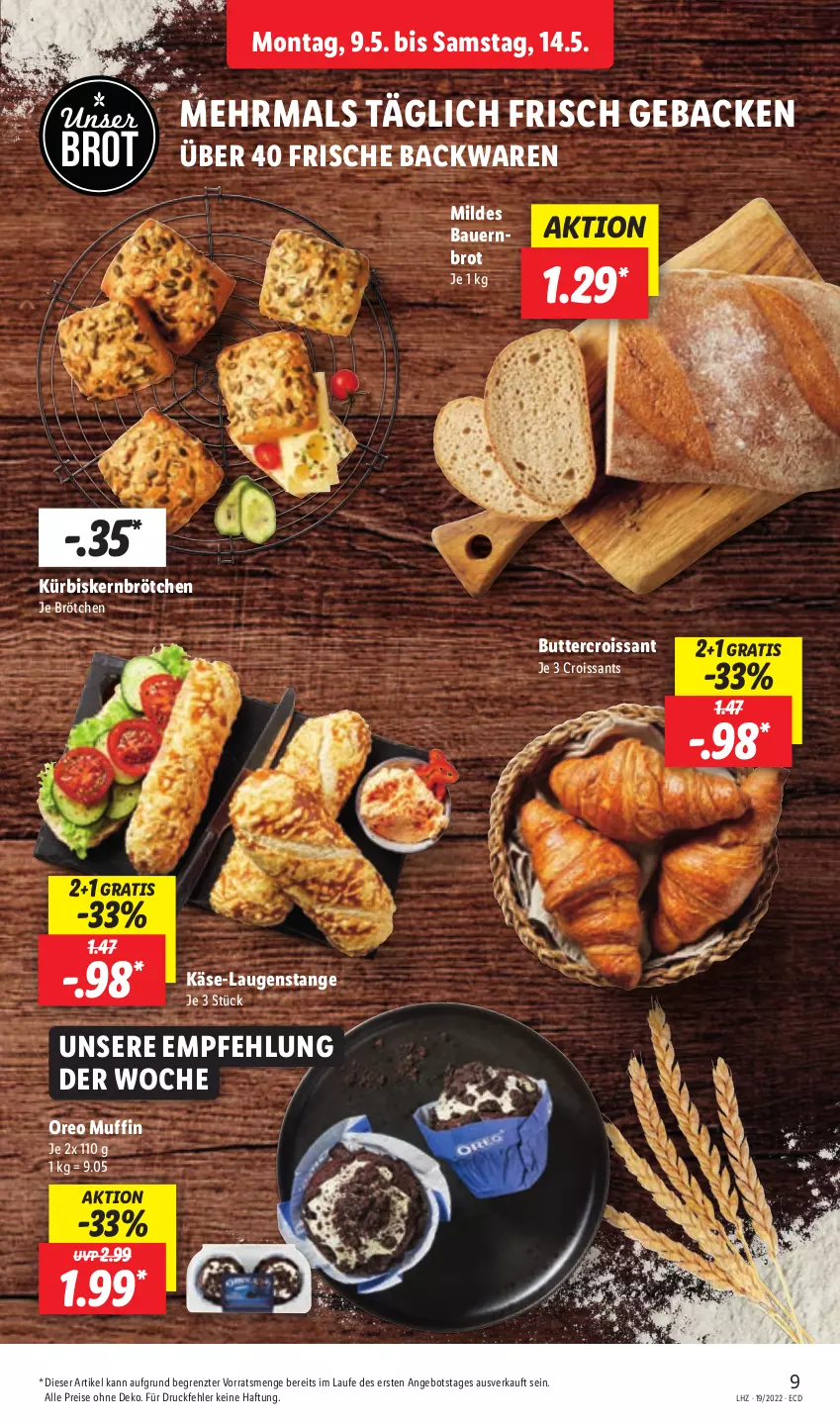 Aktueller Prospekt Lidl - Aktionsprospekt - von 09.05 bis 14.05.2022 - strona 13 - produkty: angebot, auer, backwaren, Bau, Bauer, brot, brötchen, butter, Croissant, croissants, eis, frische backwaren, geback, Käse, Kürbis, Kürbiskernbrötchen, Laugenstange, Muffin, oreo, reis, Ti, ZTE