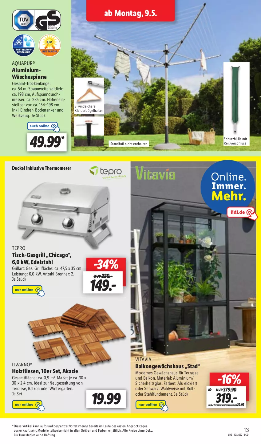 Aktueller Prospekt Lidl - Aktionsprospekt - von 09.05 bis 14.05.2022 - strona 17 - produkty: angebot, aqua, AquaPur, bügel, decke, Deckel, dell, edelstahl, eis, elle, Garten, gasgrill, Gewächshaus, grill, grillfläche, Holz, kleid, kleider, kleiderbügel, messer, Mode, ndk, reis, Ria, schutzhülle, tepro, thermometer, Ti, tisch, vita, wäschespinne, werkzeug, ZTE