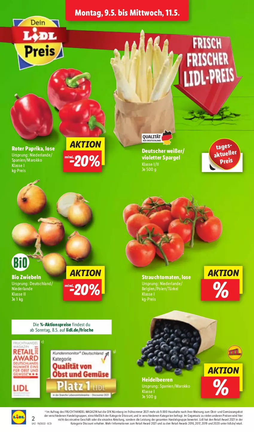 Aktueller Prospekt Lidl - Aktionsprospekt - von 09.05 bis 14.05.2022 - strona 2 - produkty: Abtei, aktionspreis, angebot, beere, beeren, bio, discount, eis, elle, frucht, heidelbeere, heidelbeeren, LG, magazin, obst, paprika, Rauch, reis, spargel, strauchtomaten, Ti, tomate, tomaten, und gemüse, zwiebel, zwiebeln