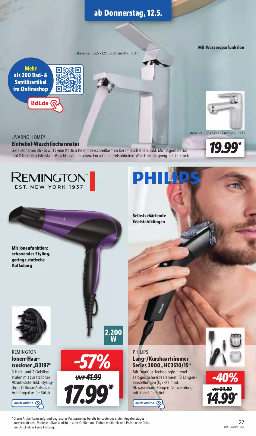 Aktueller Prospekt Lidl - Aktionsprospekt - von 09.05 bis 14.05.2022 - strona 31 - produkty: angebot, armatur, Bad, dell, edelstahl, eis, elle, haartrockner, Mode, Philips, reis, remington, Ria, ring, rwe, schläuche, Ti, tisch, Trockner, waschtisch, waschtischarmatur, wasser, ZTE