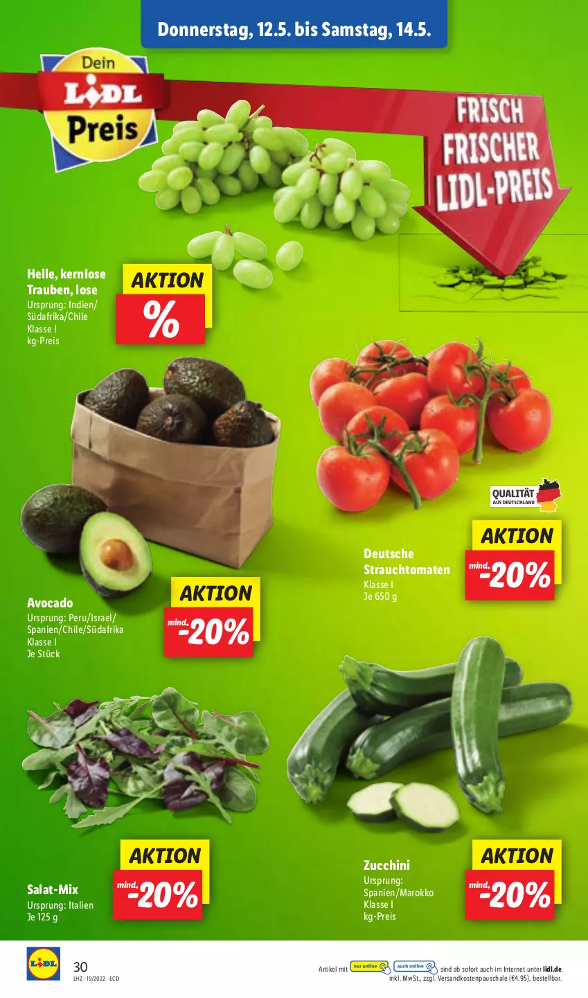 Aktueller Prospekt Lidl - Aktionsprospekt - von 09.05 bis 14.05.2022 - strona 34 - produkty: avocado, eis, elle, ndk, Rauch, reis, salat, Schal, Schale, strauchtomaten, Ti, tomate, tomaten, trauben, zucchini