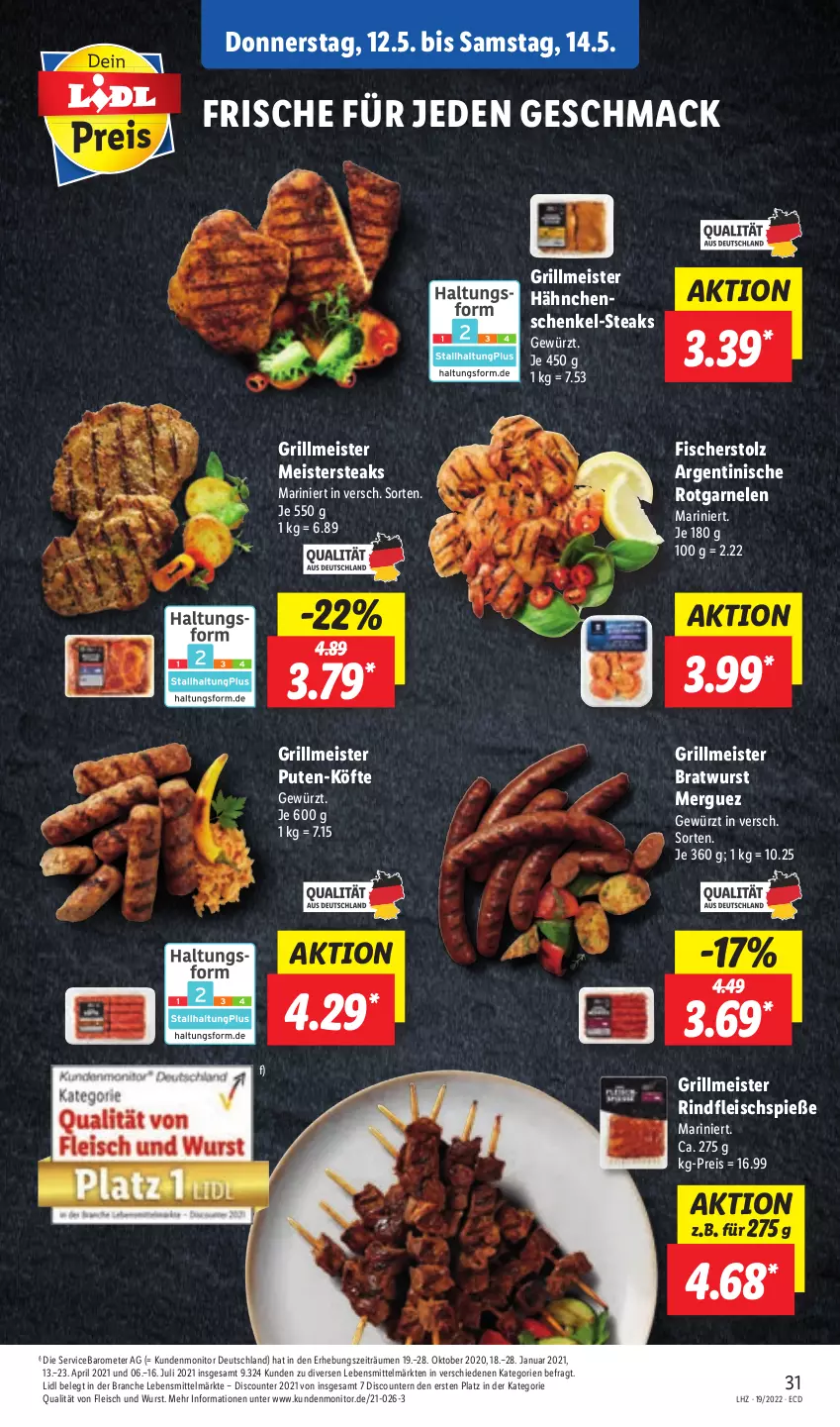 Aktueller Prospekt Lidl - Aktionsprospekt - von 09.05 bis 14.05.2022 - strona 35 - produkty: bratwurst, discount, eis, fisch, fische, Fischer, fleisch, Fleischspieße, garnelen, gewürz, grill, hähnchenschenkel, henkel, lebensmittel, mac, Meister, monitor, pril, pute, Puten-Köfte, reis, rind, rindfleisch, schenkel, steak, steaks, Ti, wurst