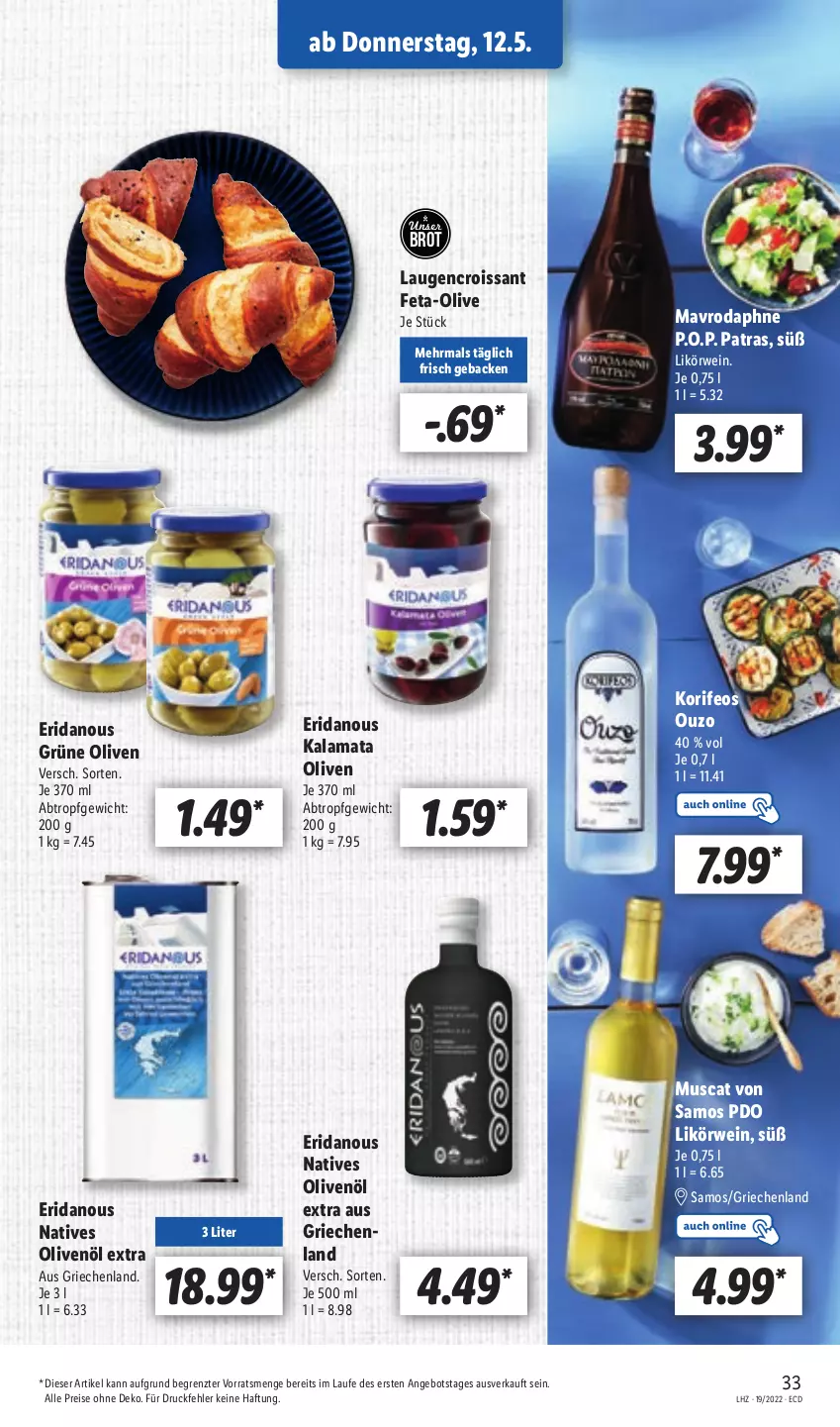 Aktueller Prospekt Lidl - Aktionsprospekt - von 09.05 bis 14.05.2022 - strona 37 - produkty: angebot, brot, Croissant, eis, feta, geback, grüne oliven, Laugencroissant, likör, muscat, natives olivenöl, olive, oliven, olivenöl, olivenöl extra, ouzo, reis, rwe, Ti, wein, ZTE