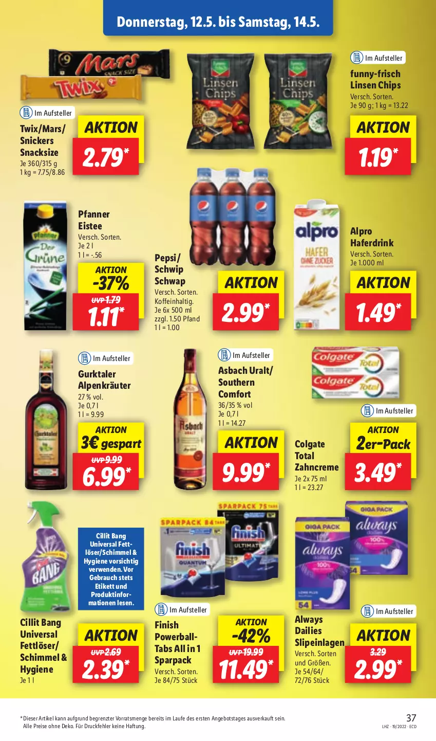 Aktueller Prospekt Lidl - Aktionsprospekt - von 09.05 bis 14.05.2022 - strona 41 - produkty: alpro, Alwa, Always, angebot, asbach uralt, ball, chips, Cillit, cillit bang, colgate, colgate total, creme, dailies, drink, eis, eistee, elle, Fettlöser, Finish, funny-frisch, Gurktaler, hafer, Haferdrink, kräuter, LG, linsen, mars, pepsi, pfanne, Pfanner, powerball, Rauch, reis, rwe, Schwip Schwap, slip, slipeinlagen, snack, snacks, snickers, Southern Comfort, tee, teller, Ti, twix, zahncreme, ZTE