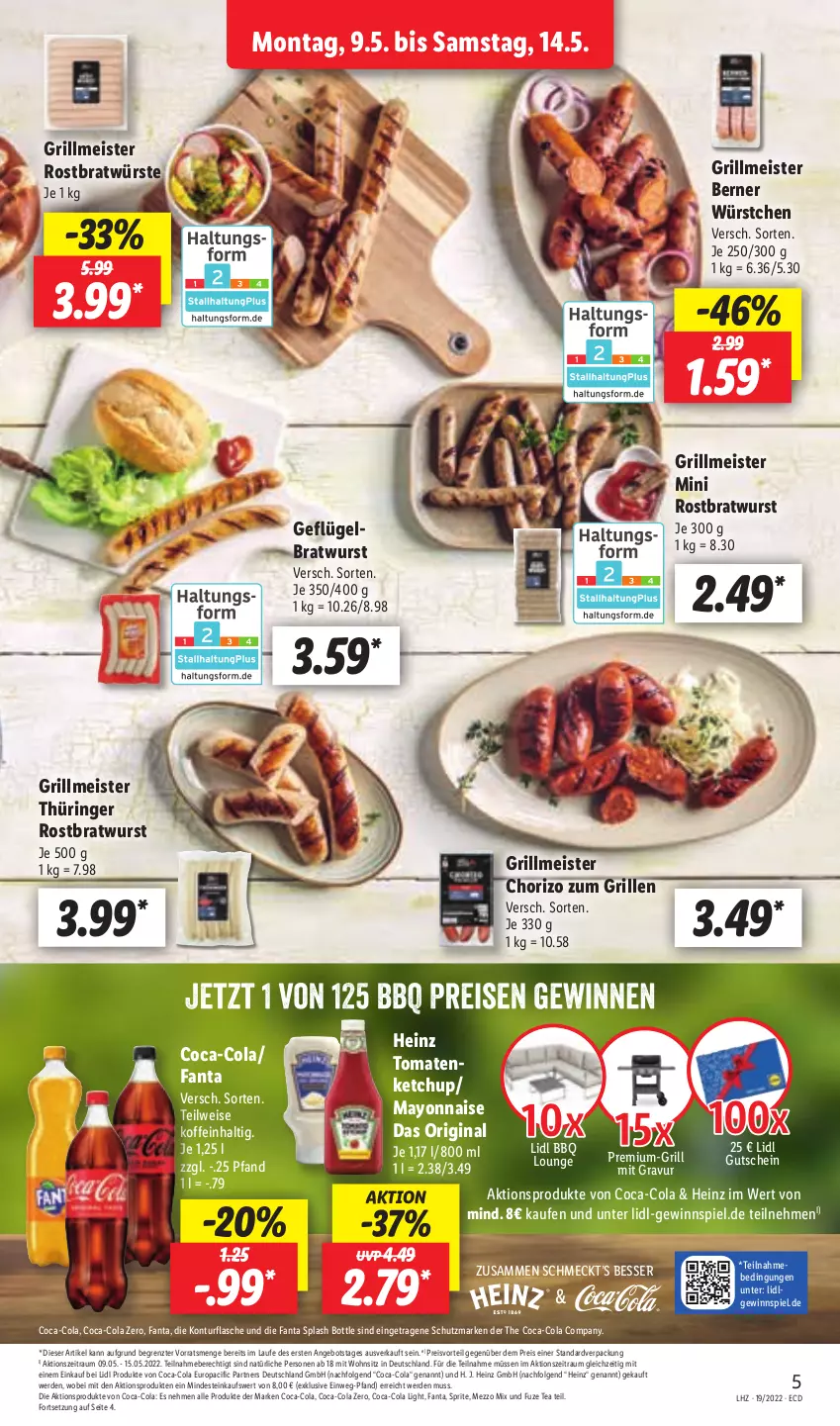 Aktueller Prospekt Lidl - Aktionsprospekt - von 09.05 bis 14.05.2022 - strona 7 - produkty: angebot, bratwurst, chorizo, Cif, coca-cola, cola, eis, erde, fanta, flasche, fuze tea, Geflügel, gewinnspiel, gin, grill, gutschein, heinz, ketchup, LG, mayonnaise, Meister, Mezzo Mix, preisvorteil, reis, ring, rostbratwurst, sprite, thüringer rostbratwurst, Ti, tomate, tomaten, wurst, würstchen, Yo, ZTE