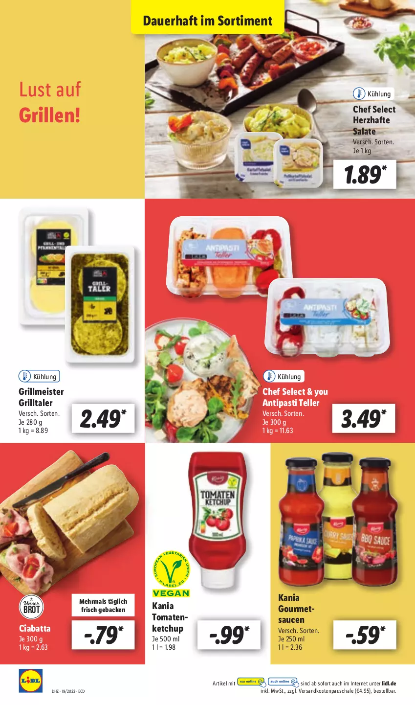 Aktueller Prospekt Lidl - Aktionsprospekt - von 09.05 bis 14.05.2022 - strona 8 - produkty: antipasti, asti, auer, brot, ciabatta, eis, elle, geback, grill, ketchup, Meister, ndk, salat, salate, sauce, saucen, Schal, Schale, teller, Ti, tomate, tomaten, Yo