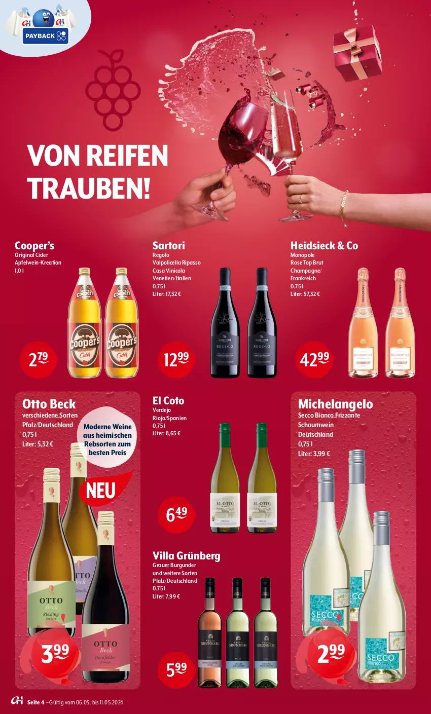 Aktueller Prospekt Getraenke Hoffmann - Prospekte - von 06.05 bis 11.05.2024 - strona 4 - produkty: apfel, apfelwein, auer, brut, burgunder, champagne, cider, cola, ecco, eis, Elan, erde, frizzante, gin, grauer burgunder, Hela, Mode, passo, reifen, reis, rioja, Ti, trauben, Valpolicella, wein, weine