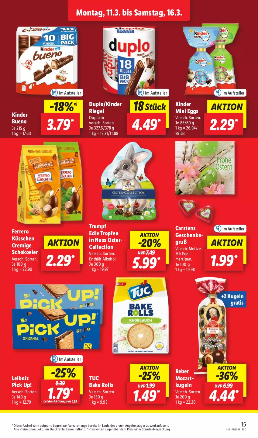 Aktueller Prospekt Lidl - Aktionsprospekt - von 11.03 bis 16.03.2024 - strona 19 - produkty: aktionspreis, alkohol, angebot, Cars, duplo, eier, eis, elle, ferrero, Ferrero Küsschen, Kinder, kinder bueno, kinder riegel, Kugel, leibniz, marzipan, nuss, Pick Up!, preisvorteil, reis, riegel, rum, schoko, teller, Ti, tuc, ZTE