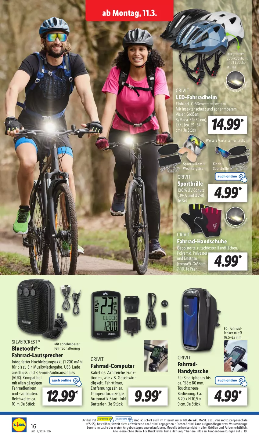 Aktueller Prospekt Lidl - Aktionsprospekt - von 11.03 bis 16.03.2024 - strona 20 - produkty: akku, angebot, auto, batterie, batterien, Bau, Brille, computer, crivit, dell, eis, elle, Fahrrad, Fahrradhalter, fahrradhelm, Gläser, handschuhe, Handy, Handytasche, insektenschutz, Kinder, lautsprecher, LG, Mode, ndk, pute, reis, Ria, Schal, Schale, schuhe, sekt, silvercrest, smartphone, smartphones, Sport, Sportbrille, Tasche, Ti, timer, touchscreen, usb, uv-schutz, ZTE