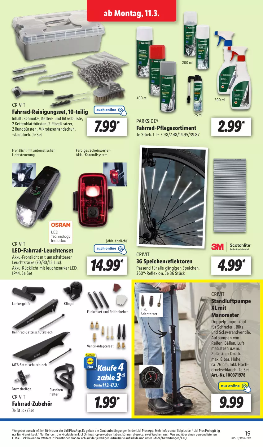 Aktueller Prospekt Lidl - Aktionsprospekt - von 11.03 bis 16.03.2024 - strona 23 - produkty: adapter, akku, angebot, auto, bürste, bürsten, coupon, crivit, eis, Fahrrad, flasche, Kette, lavera, Leuchte, leuchten, luftmatratze, matratze, matratzen, mikrofaser, Parkside, passend für alle, Persona, reifen, Reinigung, reis, rücklicht, Rundbürste, sattel, Schal, schlauch, Ti, tisch, tuc