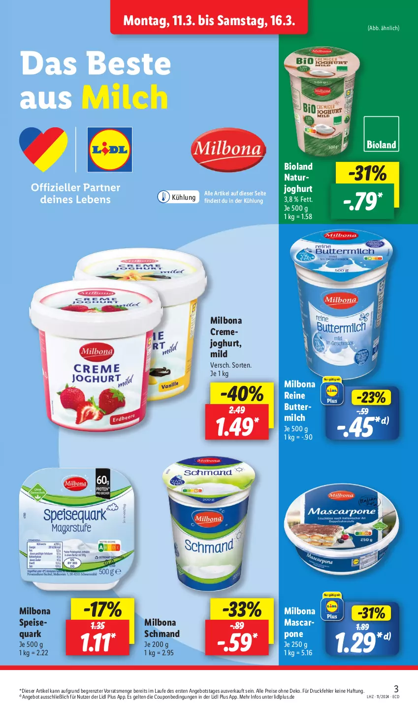 Aktueller Prospekt Lidl - Aktionsprospekt - von 11.03 bis 16.03.2024 - strona 3 - produkty: angebot, bio, bioland, Bona, butter, coupon, creme, eis, joghur, joghurt, Milbona, milch, natur, quark, reis, schmand, Ti, ZTE