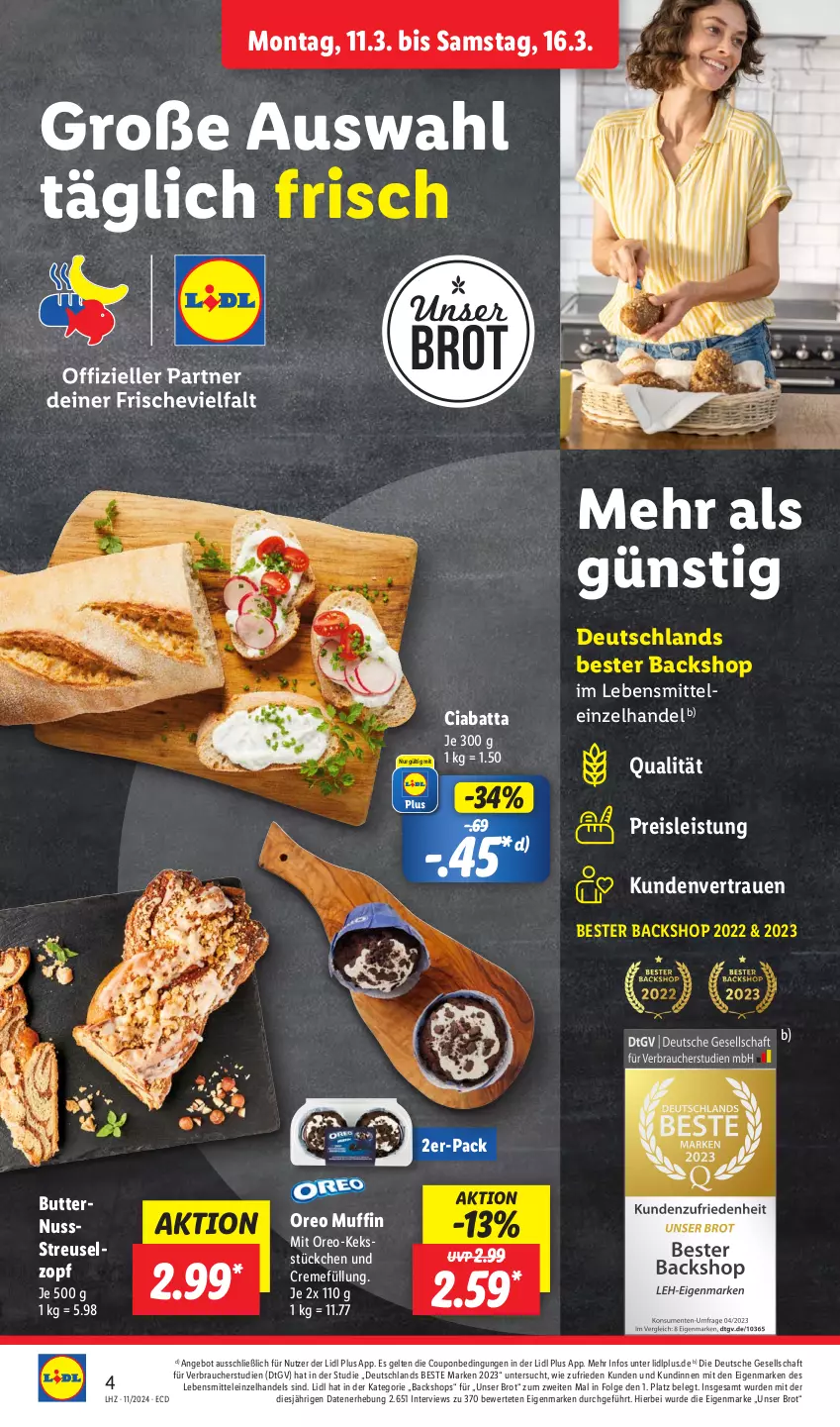 Aktueller Prospekt Lidl - Aktionsprospekt - von 11.03 bis 16.03.2024 - strona 4 - produkty: angebot, brot, butter, ciabatta, coupon, creme, eis, keks, lebensmittel, LG, Muffin, nuss, oreo, Rauch, reis, Ti