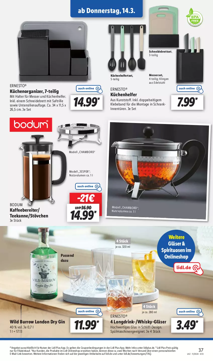 Aktueller Prospekt Lidl - Aktionsprospekt - von 11.03 bis 16.03.2024 - strona 43 - produkty: angebot, Beba, bodum, coupon, dell, drink, dry gin, edelstahl, eis, ernesto, gin, Gläser, kaffee, kaffeebereiter, küche, Küchen, Küchenhelfer, london dry, london dry gin, messer, Messerset, Mode, Persona, reis, saft, schneidebrett, Schrank, spirituosen, spülmaschinen, tee, teekanne, Ti, whisky, Wild