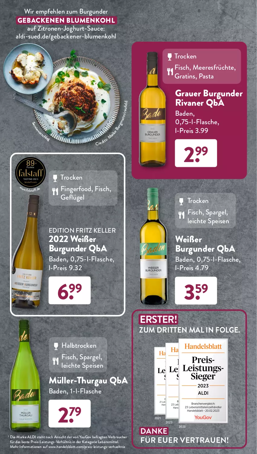 Aktueller Prospekt AldiSud - UNSERE WEINSCHMECKER-AUSWAHL - von 01.09 bis 30.09.2023 - strona 5 - produkty: aldi, asti, auer, Bad, blume, blumen, blumenkohl, burgunder, eis, elle, fisch, flasche, fritz, früchte, geback, Geflügel, grauer burgunder, joghur, joghurt, lebensmittel, LG, meeresfrüchte, Müller, Müller-Thurgau, pasta, Rauch, reis, Rivaner, sauce, spargel, Ti, Yo, zitrone, zitronen