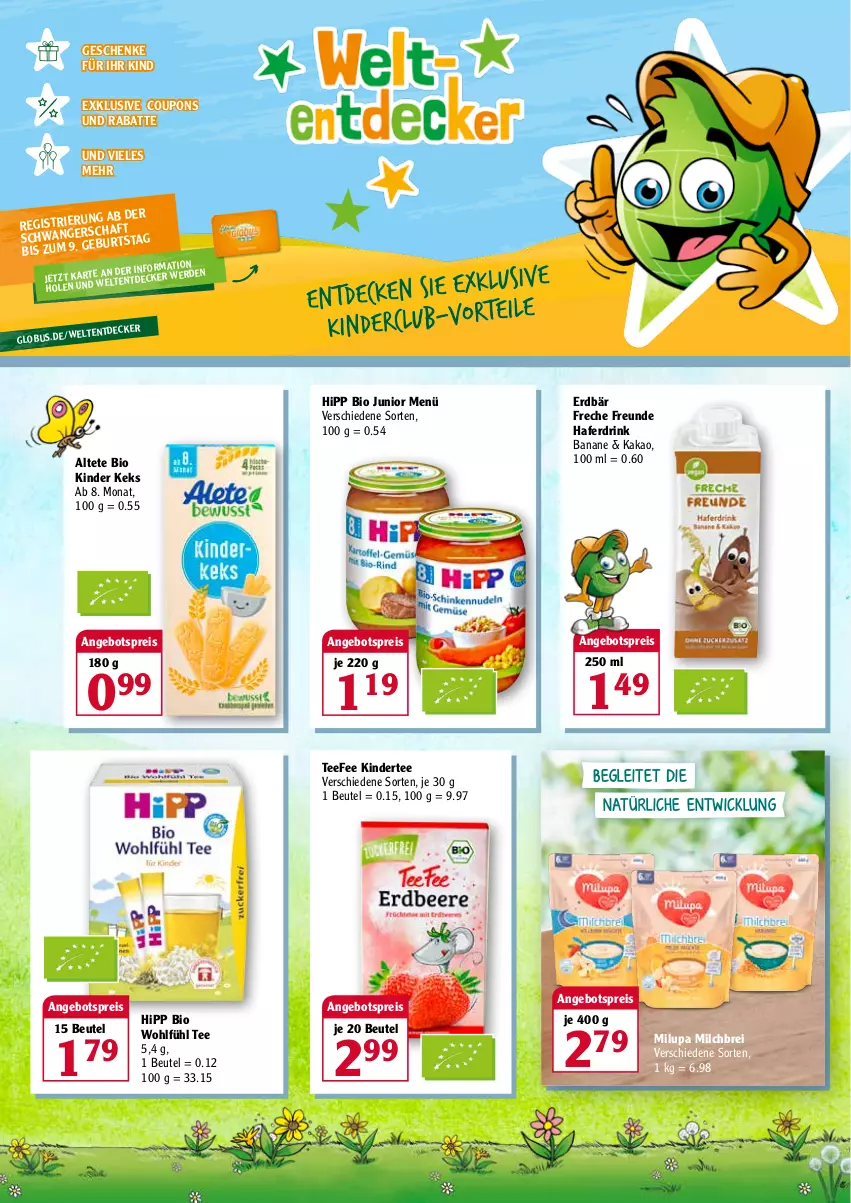 Aktueller Prospekt Globus - Prospekte - von 31.01 bis 05.02.2022 - strona 2 - produkty: angebot, angebotspreis, banane, beutel, bio, Brei, coupon, coupons, decke, drink, eis, Erdbär, freche freunde, hafer, Haferdrink, hipp, kakao, keks, Kinder, milch, milupa, reis, tee, Ti, WICK