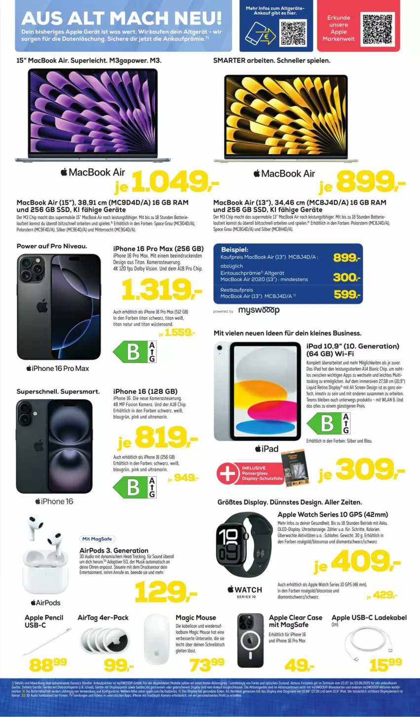 Aktueller Prospekt Euronics - Prospekte - von 23.07 bis 03.08.2025 - strona 7 - produkty: aeg, akku, Apple, Apple Pencil, Apple Watch, Apple Watch SE, auto, batterie, bio, deka, eis, ente, Gesundheit, GPS, ipad, iphone, kamera, Kameras, ladekabel, leine, mac, macbook, macbook air, natur, nivea, Ofen, Pods, rama, reis, rum, rwe, schreibtisch, Spiele, ssd, Ti, tisch, uhr, usb