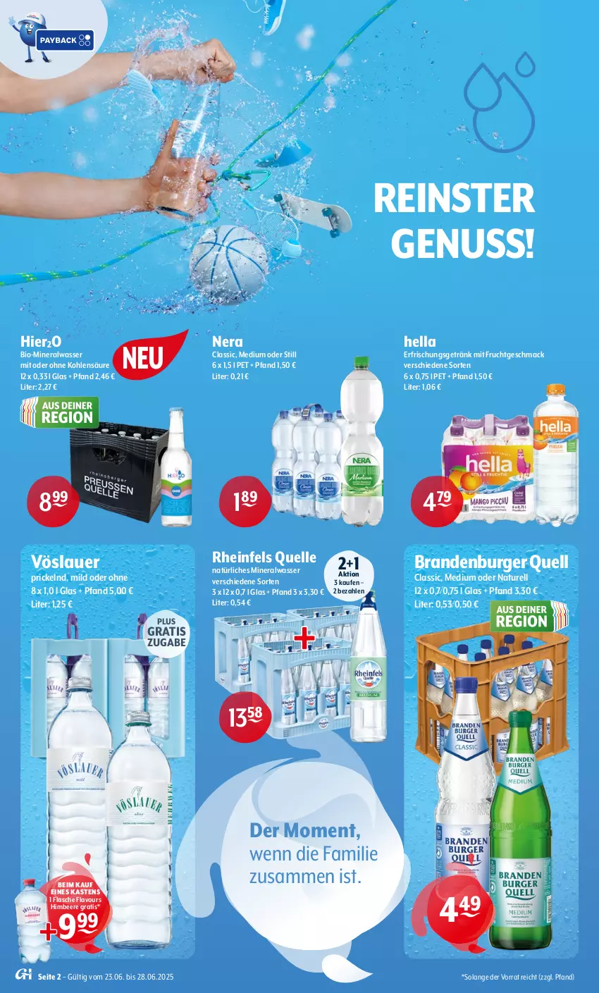 Aktueller Prospekt Getraenke Hoffmann - Prospekte - von 23.06 bis 28.06.2025 - strona 2 - produkty: Alwa, auer, beere, bio, burger, elle, erfrischungsgetränk, flasche, frucht, getränk, hella, himbeer, himbeere, mac, mineralwasser, mit frucht, natur, natürliches mineralwasser, nuss, rel, rheinfels quelle, Ti, vöslauer, wasser