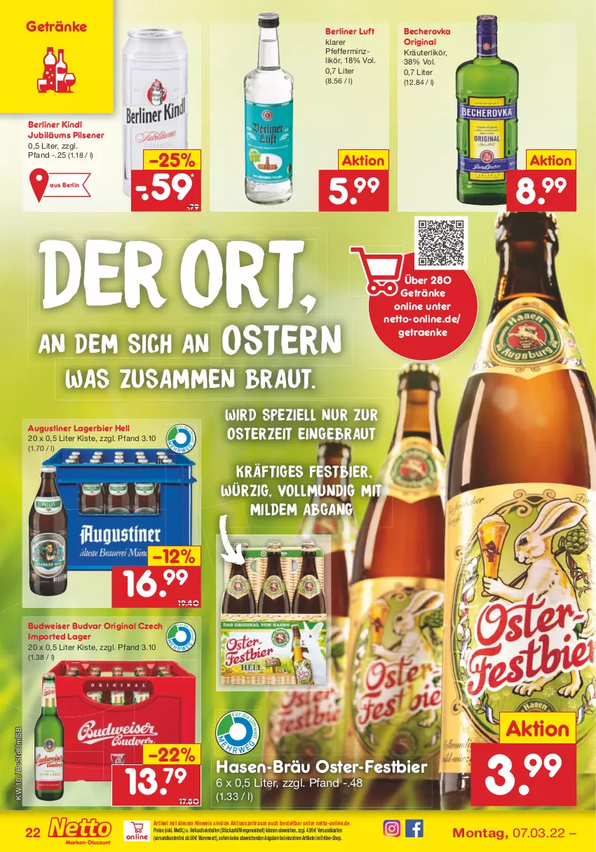 Aktueller Prospekt Netto Marken-Discount - Filial-Angebote - von 07.03 bis 12.03.2022 - strona 22 - produkty: Becher, Becherovka, berliner, berliner kindl, berliner luft, bier, budweiser, eis, getränk, getränke, gin, hero, Jubiläums, kräuter, kräuterlikör, Lagerbier, likör, ndk, pfeffer, pfefferminzlikör, pils, pilsener, reis, Spezi, Ti, versandkostenfrei