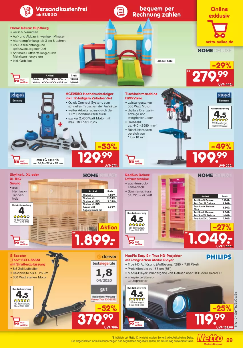 Aktueller Prospekt Netto Marken-Discount - Filial-Angebote - von 07.03 bis 12.03.2022 - strona 29 - produkty: Abba, angebot, Bau, dell, eis, elle, hochdruckreiniger, Holz, Hüpfburg, lautsprecher, microsd, Mode, ndk, Projektor, reifen, reiniger, reis, Ria, schlauch, scooter, Ti, tisch, Tischbohrmaschine, usb, versandkostenfrei, wasser, ZTE