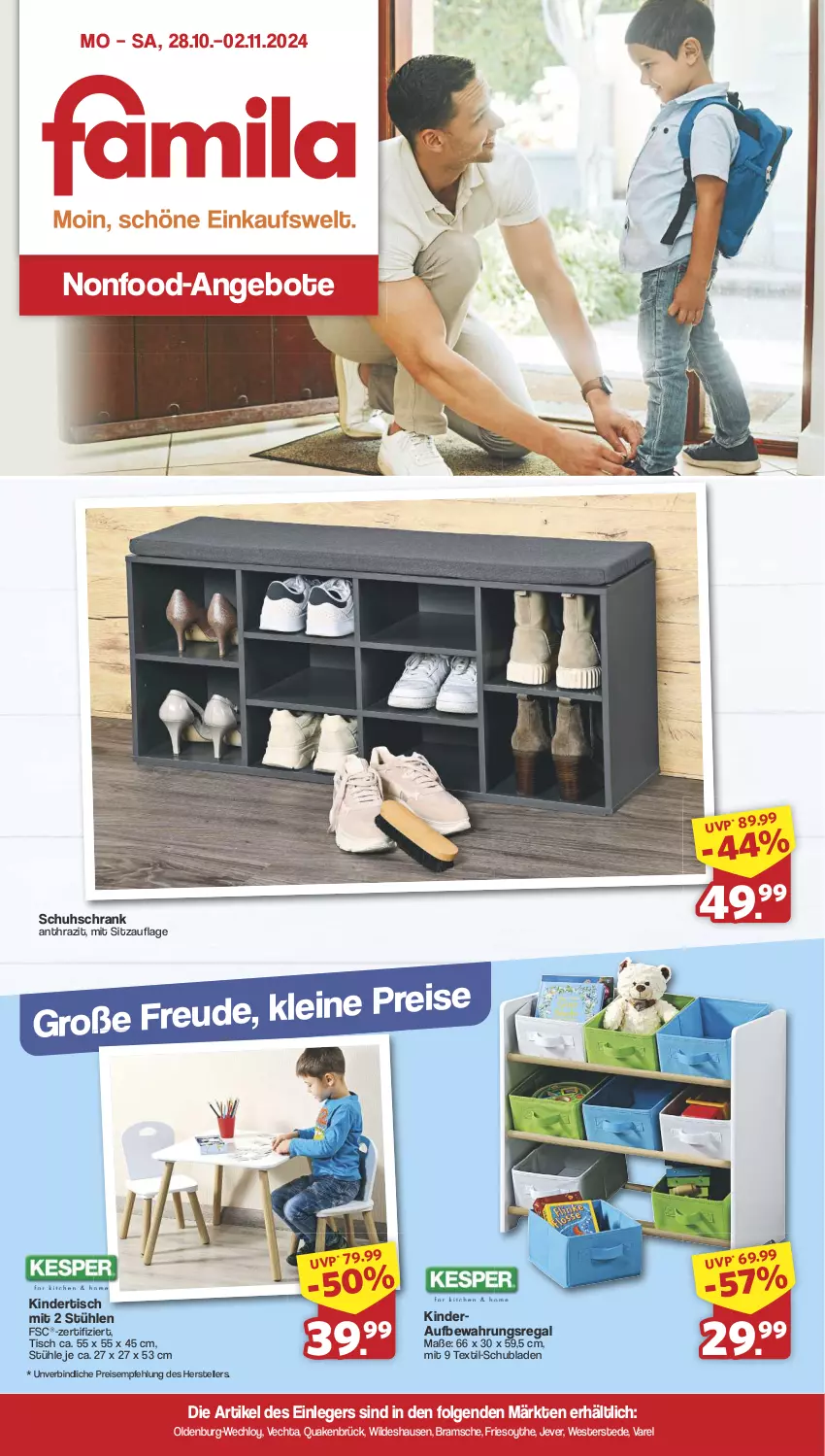 Aktueller Prospekt Famila - Prospekte - von 28.10 bis 02.11.2024 - strona 1 - produkty: angebot, angebote, eis, elle, jever, Kinder, LG, regal, reis, rel, Schrank, schubladen, schuhschrank, Sitzauflage, Stühl, teller, Ti, tisch, Weste, Wild